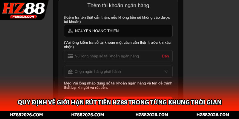 Quy định về giới hạn rút tiền HZ88 trong từng khung thời gian
